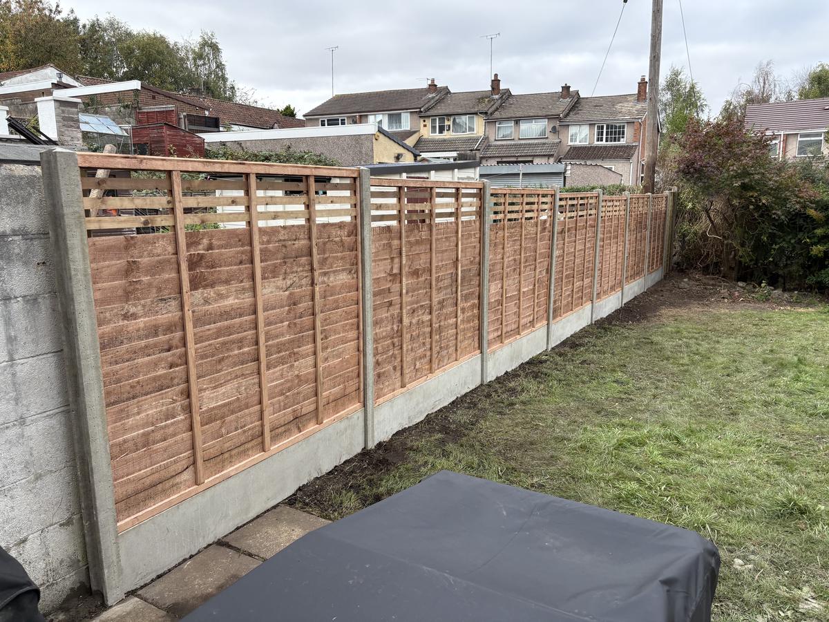 Long run of new lap panels with trellis tops and concrete posts